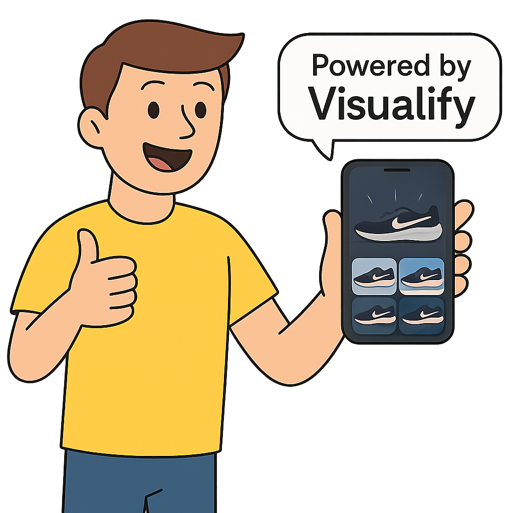 Efter Visualify - glad bruger med telefon der viser 3 professionelle produktvarianter